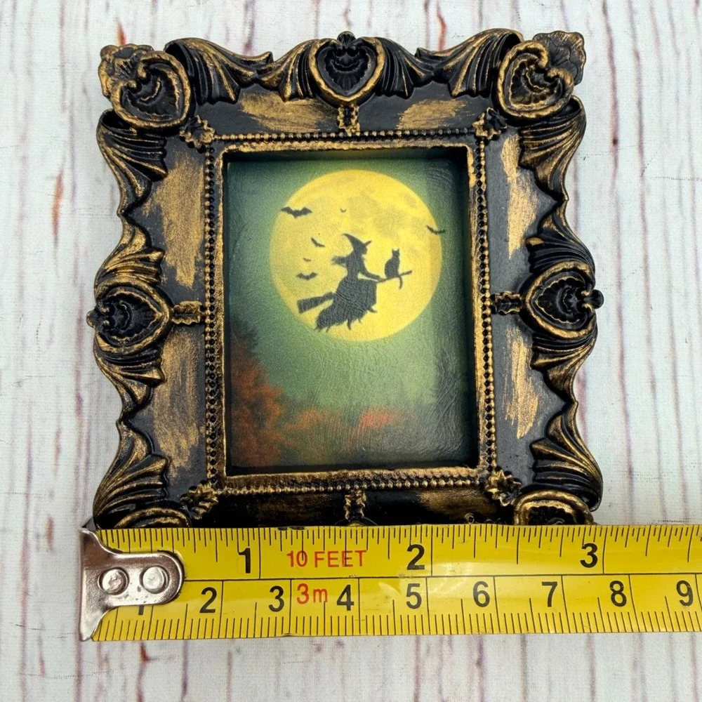 Halloween Witch Moon Bats Miniature Art Print Ornate Black Gold Resin Frame 3in